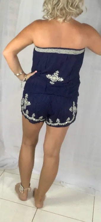 Sequin Playsuit - Navy + Beige