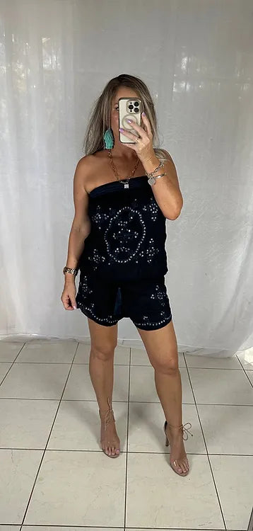 Sequin Playsuit - Black + Blue