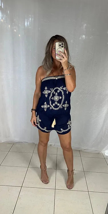 Sequin Playsuit - Navy + Beige