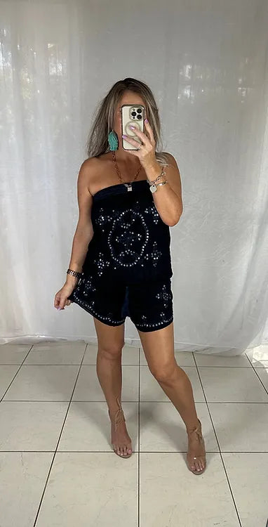 Sequin Playsuit - Black + Blue
